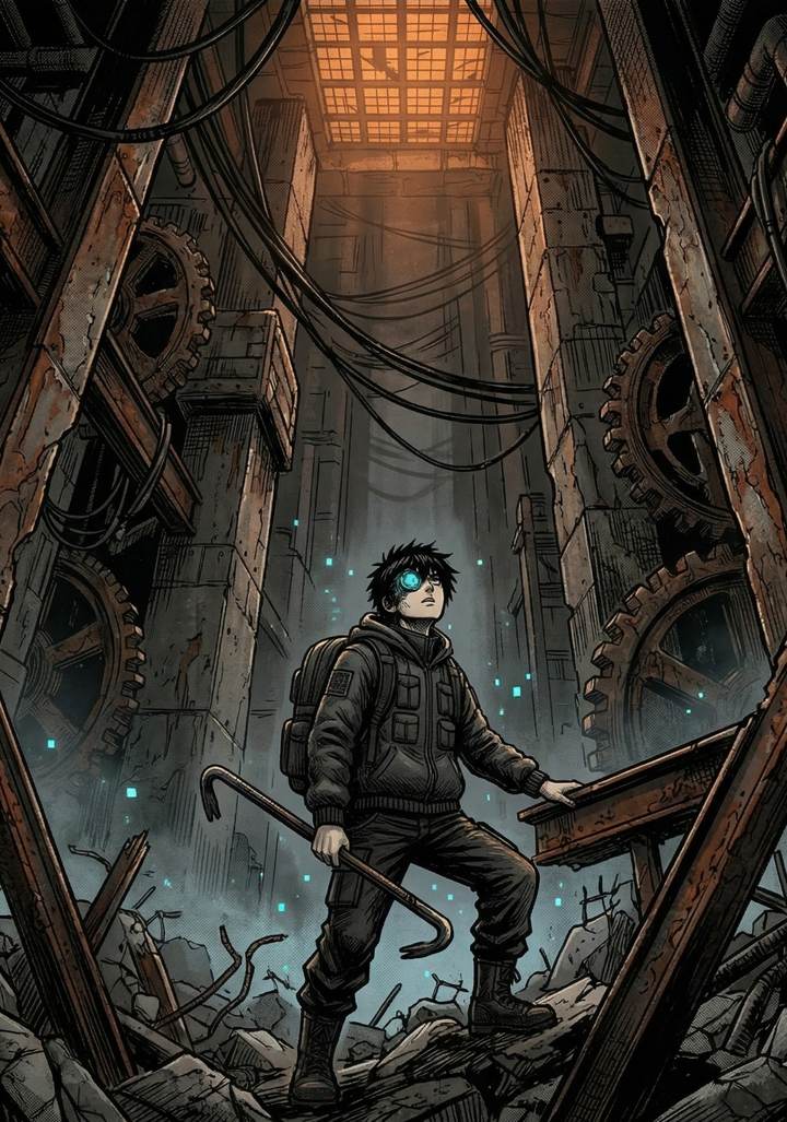 Nilo, a boy with a glowing cyan monocle, climbs through rust and rubble, crowbar in hand.
